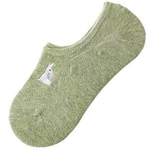 Green invisible cotton socks with cute white rabbit embroidery and non-slip silicone heel