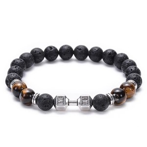 Natural Stone Beaded Bracelet With Alloy Dumbbell Charm Lava Rock Tiger Eye Fitness Motivational Jewelry For Men Women