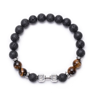 Detail of dumbbells beads with LIVE LIFT engraving on lava stone and tiger eye bracelet