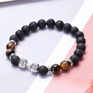 Detail of dumbbells beads with LIVE LIFT engraving on lava stone and tiger eye bracelet