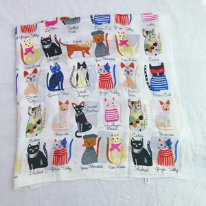 90cm square silk scarf featuring colorful hand-drawn cat illustrations on white fabric