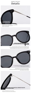 Detail shots of black oversized sunglasses with silver metal temples and reinforced pads
