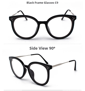 Front and 90-degree side view of black cat eye frames with silver metal temples