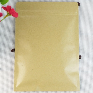 Vertical view of a blank kraft paper zip lock pouch on white background with red decor