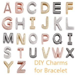 Adjustable stainless steel mesh watch strap bracelet with 26 zircon letter charms