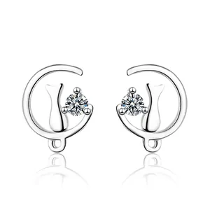 Cat Moon Stud Earrings White Gold Plated Copper With Zircon Silver Earring Post Trendy Jewelry For Women