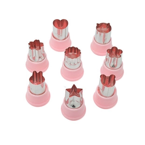 Close-up of 8-piece pink stainless steel cookie cutters in heart and star shapes