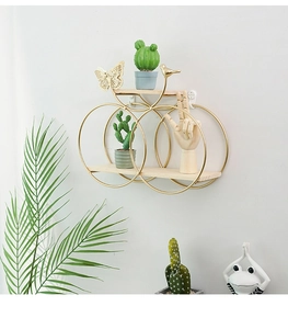 Detail of a golden bicycle-shaped wall shelf with light wood tiers and decorative plants