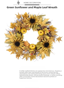 Detailed view of autumn wreath with sunflowers, golden maple leaves and mini pumpkins