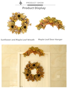 Detail of autumn wreath with sunflowers, maple leaves, and mini pumpkins for door decor