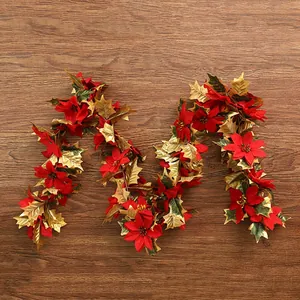 Red Poinsettia Christmas Garland Gold Edged Fabric Leaves Artificial Vine Home Festive Mantel Door Window Decor Ornament