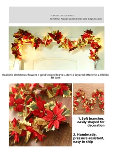 Detail of red poinsettia garland with gold-edged leaves for Christmas decoration