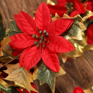 Artificial red poinsettia Christmas garland with gold-edged leaves on wood surface