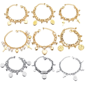 Women Stainless Steel Double Layer Bracelet Fashion Heart Cross Tree Of Life Religious Charm Adjustable Chain Jewelry