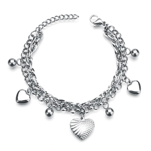 Double-layer silver stainless steel bracelet featuring heart and bead charms