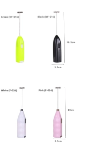 Comparison of handheld electric milk frothers in green, black, white, and pink finishes