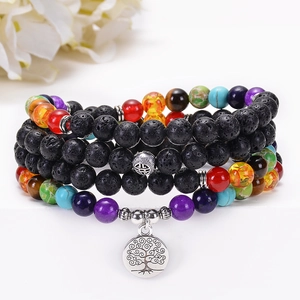Lava stone chakra bracelet with 108 beads and silver tree of life charm for yoga