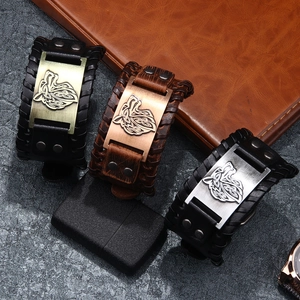 Vintage men's wide leather bracelets with braided texture and Celtic horse metal motifs
