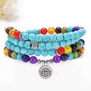 Chakra 108 turquoise beaded bracelet with multi-layer natural stones and lotus pendant