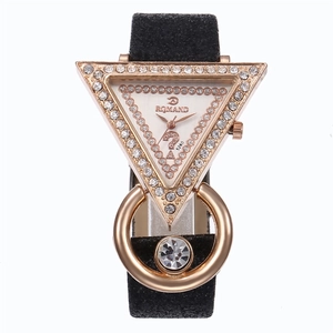 Triangle rose gold quartz watch with rhinestones and black frosted glitter strap