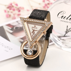 Creative triangle quartz watch for women with rose gold rhinestone dial and black frosted strap