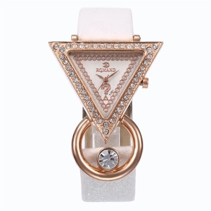 Detail of rose gold triangle watch case with rhinestones and white pearlescent strap