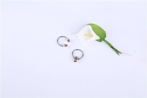 Macro shot of silver horseshoe and hoop piercings with red-eyed skulls and a calla lily
