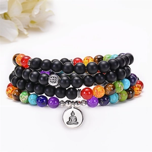 Détails de 108 perles Mala avec pierres de Chakra et un pendentif Bouddha argenté