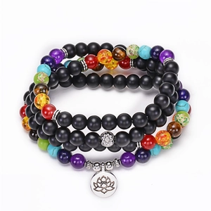 Détail du bracelet 108 perles mala avec pierres noires mates et pendentif lotus
