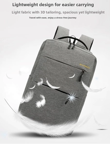 Detail shot of lightweight grey business backpack with feathers showing its light weight