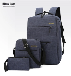 Three-piece set of blue canvas business backpack, shoulder bag, and pencil case display