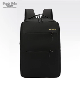 Detail of waterproof black business backpack with dual zippers and external USB port