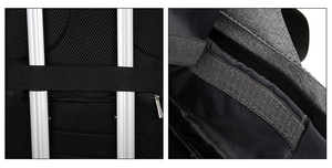 Detail of luggage strap, anti-theft back pocket and internal Velcro compartment of the backpack
