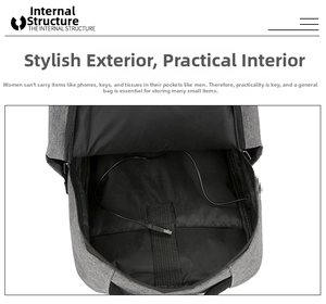 Macro view of grey oxford backpack interior featuring a USB cable and storage pocket