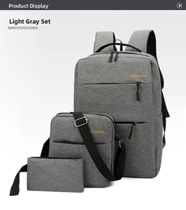 Three-piece light grey backpack set including a crossbody bag and a zipper pouch