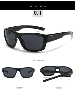 Detailed views of black Y2K wraparound sunglasses showing front, back, and 45-degree angles