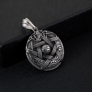 Retro titanium steel pentagram necklace with celtic knot pendant on black background