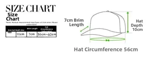 Detailed size chart for the embroidered baseball cap showing depth and brim dimensions