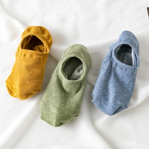 Three pairs of breathable cotton low cut invisible socks in yellow, green and blue colors