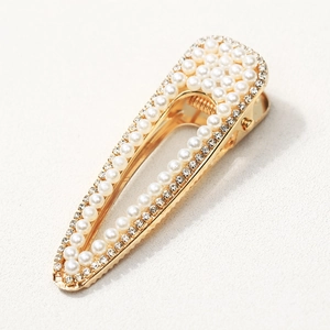 Fermaglio per capelli a triangolo dorato con perle bianche e strass brillanti