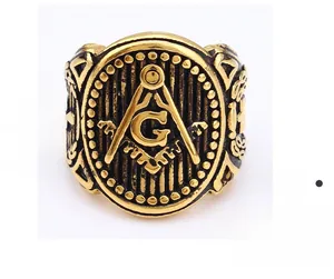 Detailed macro view of gold-plated masonic ring with black enamel compass and square