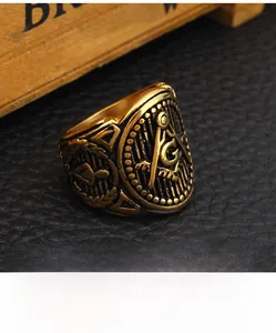 Detailed close-up of gold Masonic ring with compass, square and G symbol on black base