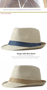 Adjustable inner band detail of minimalist beige woven fedora hat with contrast ribbons