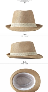 Front, side, and interior views of a breathable straw fedora hat with a cream ribbon band