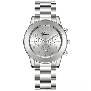Detailed close-up of Geneva silver steel watch with triple-dial chronograph style design
