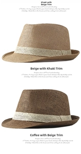 Detailed comparison of three straw fedora hats in beige, khaki, and coffee colors