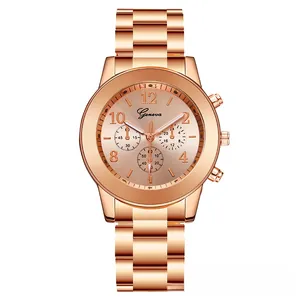 Detail of rose gold Geneva watch featuring triple-dial design and polished alloy strap
