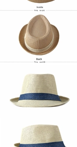 Detailed top and back views of solid color straw fedora hats with decorative bands