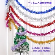 Close-up of 2m high-density 5-layer thick Christmas tinsel garlands in 6 vibrant colors