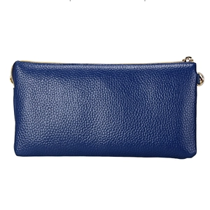 Detailed view of blue lychee grain leather handbag with premium gold metal zipper hardware